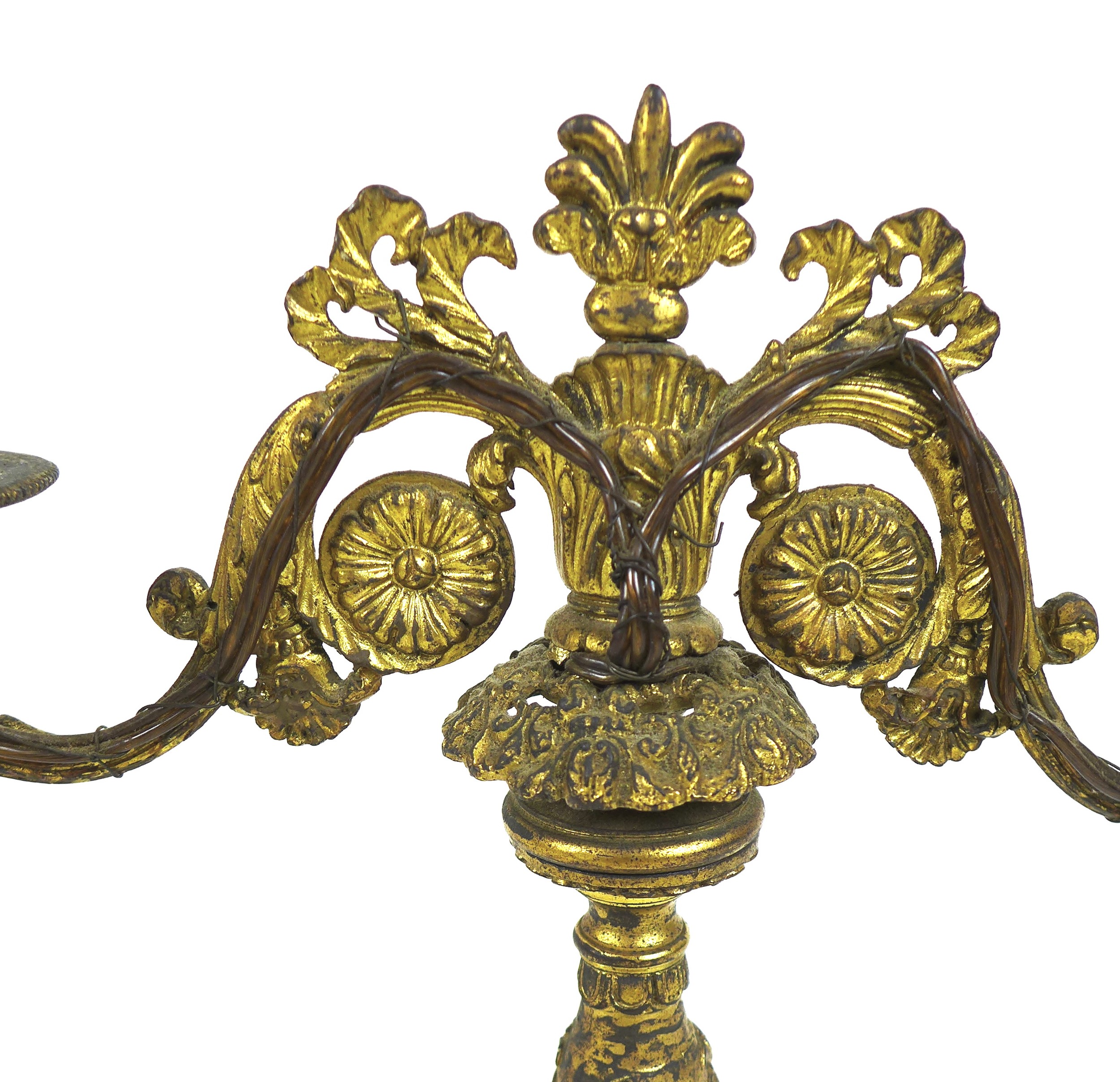 A French late 19th century gilt metal twin branch table lamp, with floral scrolling decoration and - Image 7 of 9