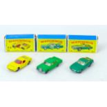 Three Matchbox Lesney die-cast model toys, comprising a Ferrari Berlinetta in green No. 75, a