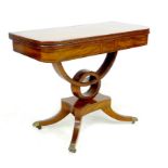 A Regency mahogany card table, of D form, the fold over surface with wide burr rosewood