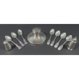 A collection of William IV and later silver, comprising four fiddle back pattern teaspoons, Jonathan