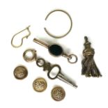 A group of gold items, including three 9ct gold shirt studs, 2.2g, an engraved gold watch key