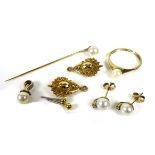 A group of 9ct gold and pearl jewellery, comprising a ring, size O, a pair of stud earrings, a stick
