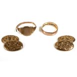 Four pieces of gold jewellery, a 9ct gold ring, another gold ring with heavily rubbed hallmarks, and