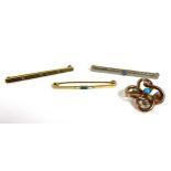A group of gold brooches, comprising three 14ct gold bar brooches, one set with seed pearls, another