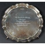 An Elizabeth II silver waiter tray, with Chippendale piecrust rim, presentation engraved 'The Ford