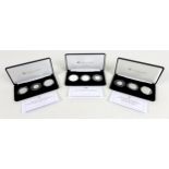 Three Elizabeth II Jubilee mint commemorative silver proof coin sets, comprising three £5, £2 and £1