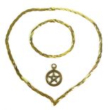 A 9ct gold flat weave necklace with heart shaped drop, 40.5cm long, with matching bracelet, 18cm
