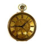 A Victorian 9ct gold pocket watch, open faced, keyless wind, with golden Roman numeral dial,