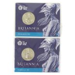 Two Elizabeth II Britannia silver Royal Mint £50 coins, both with presentation packs. (1 bag)