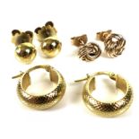 Three pairs of gold earrings, the first an 18ct gold pair of engraved hoops, each 1.6cm across,