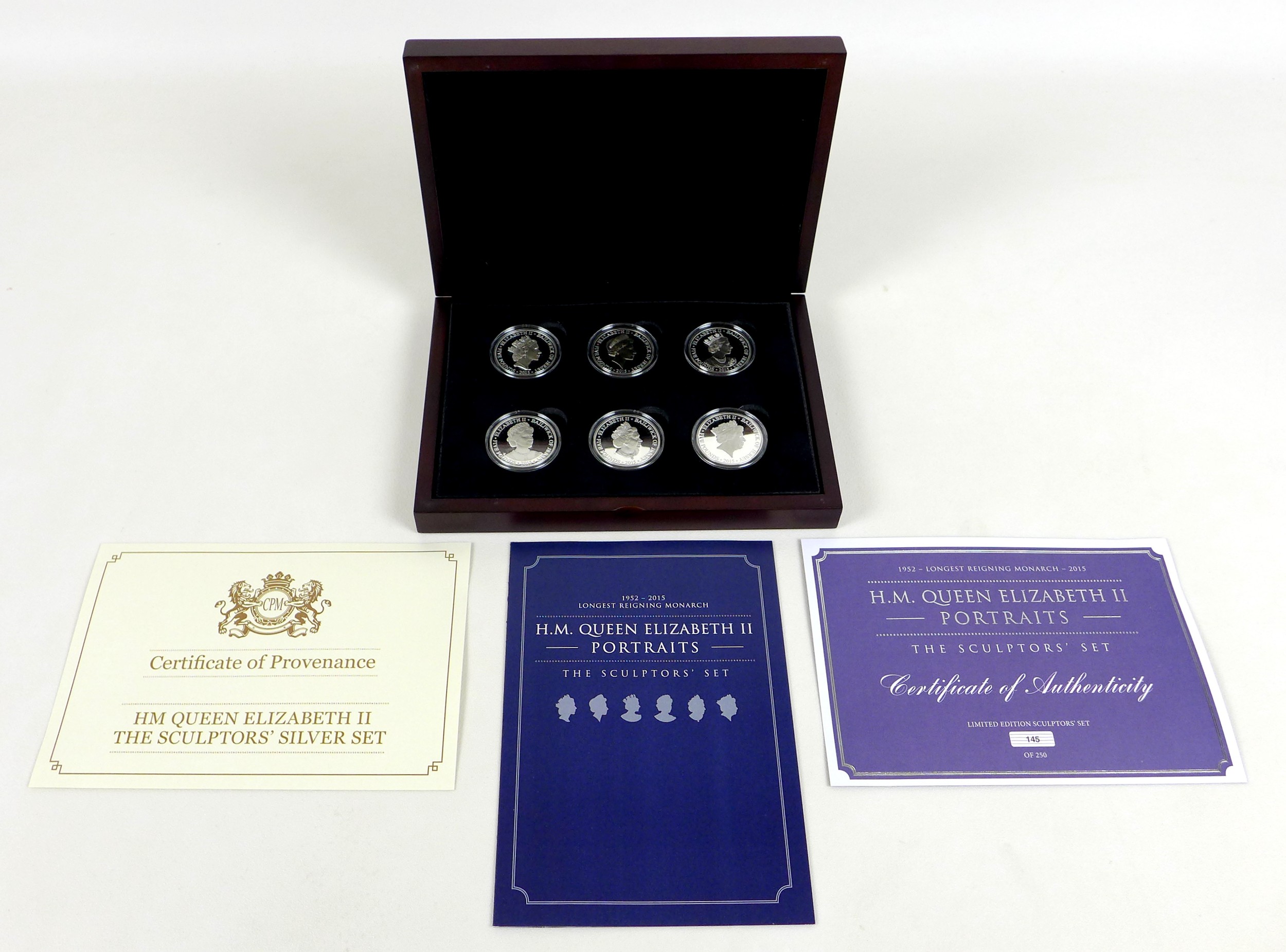 A limited edition Elizabeth II silver proof six £5 coin set, 2015 'H.M. Queen Elizabeth II Portraits