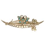 A 9ct gold, pearl and turquoise brooch, formed as a butterfly on a crescent stem with flowers, the