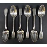 Six George III silver fiddle back dessert spoons, with monogrammed finials 'WAB' Peter & William