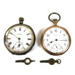 Two open faced pocket watches, comprising a silver cased, top wind, watch with Omega case, Roman