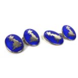 A pair of Hackett silver and blue enamel cufflinks, oval form, depicting Great Britain, with chain