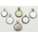 A group of six Victorian silver pocket watches, all with white enamel dials and Roman numerals,