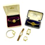A group of six ladies wristwatches, comprising an Art Deco 18ct gold cased wristwatch, circular