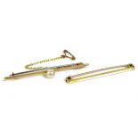 Two 9ct gold bar brooches, the first set with a single cultured pearl, 5.2cm, with safety chain, 2g,