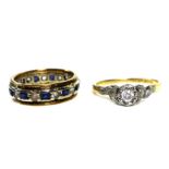 An 18ct gold, platinum and moissanite ring, size O, 2.2g, together with a 9ct gold eternity ring set