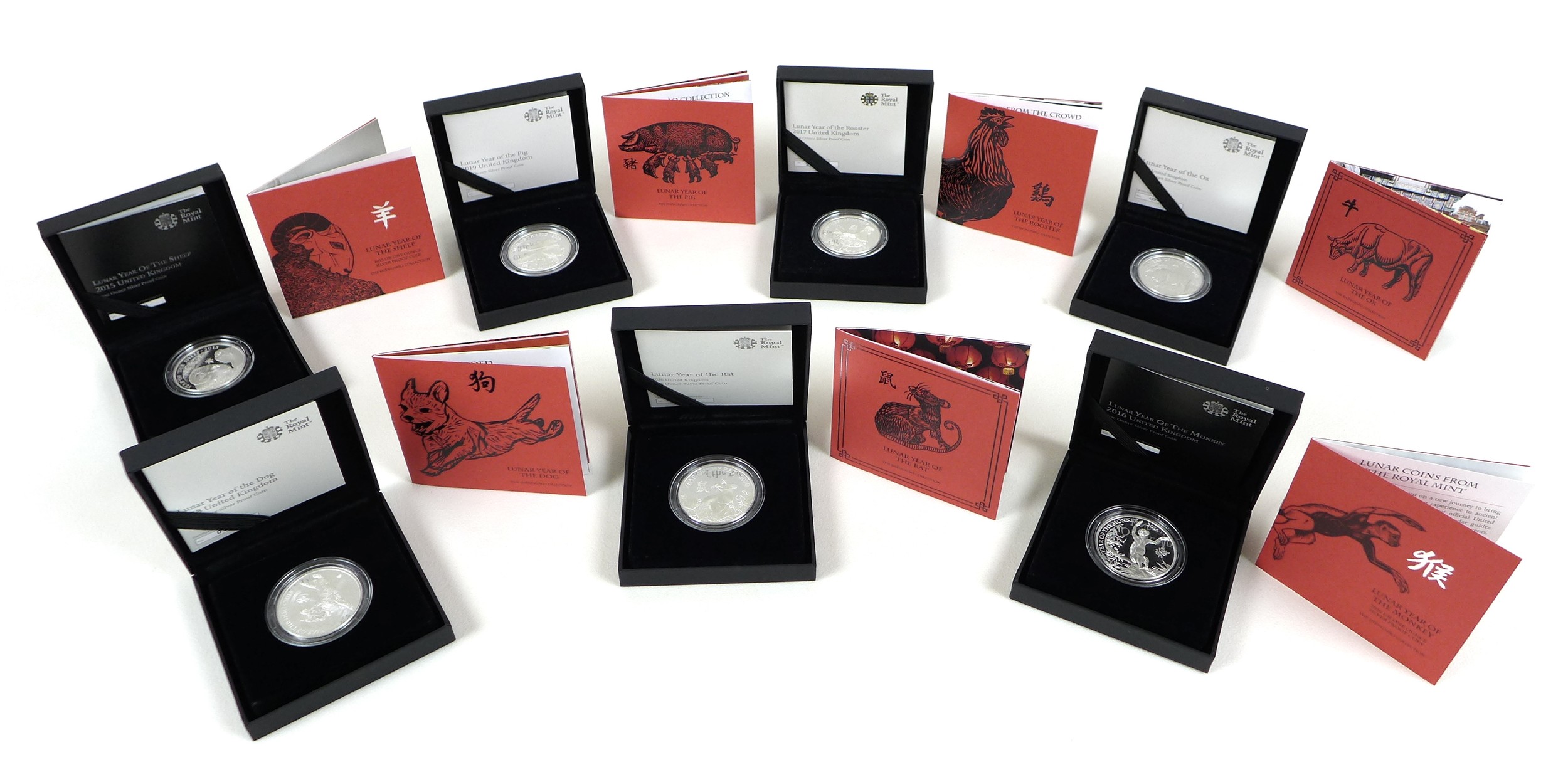 Seven Elizabeth II limited edition Royal Mint Shengxiao Collection £2 one ounce 999 silver coins, a