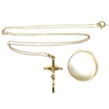 A 9ct gold crucifix necklace, 2.7cm high, hallmarked, on an unmarked but tested 9ct gold chain,