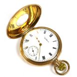 A 9ct gold Waltham half hunter pocket watch, with Roman numeral dial and subsidiary dial, a top