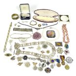 A group of costume jewellery and medals, including compacts, faux pearl necklaces, silver