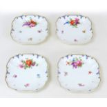 Four 19th century Derby porcelain square dishes, decorated with floral sprays and blue and gilt
