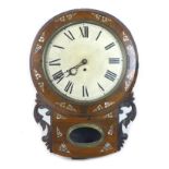 A 19th century drop dial wall clock, with mother of pearl inlaid rosewood veneer case, Roman numeral