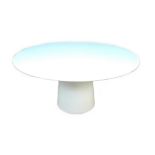 A modern Sovet circular dining table, white finish, raised on tapering column base, 150 by 150 by