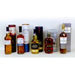 Five bottles of single malt Scotch whisky, comprising a Macallan 10 year old, a Jura 10 year old,