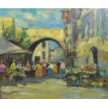 Jean Cordet (French, b. 1910): French street scene, depicting people at a busy outdoor market, oil