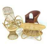 A group of vintage bamboo and wicker furniture, circa 1970s, comprising a coffee table, stool,