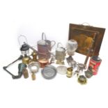 A collection of metalware, including a Liberty & Co pewter dish with handle, no 01491 stamped to the