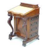 A Victorian walnut and mahogany Davenport desk, with serpentine fronted tooled cream leather
