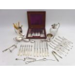 A collection of silver plated wares, including a mahogany canteen with mother of pearl handled