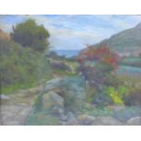 British school (20th century): 'Cornwall' oil on board landscape, bearing label verso 'Mr