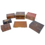 A group of wooden boxes, comprising a 19th century mahogany writing slope with brass fittings, 29.