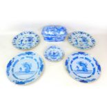 Six pieces of 19th century blue and white porcelain, comprising four european tin glazed plates,