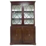 An Edwardian mahogany bookcase, twin glazed doors enclosing two shelves, twin panel doors with