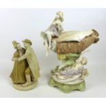 A Dux ceramic centrepiece, formed as a conch shell with two classical ladies draped beside it, a/f