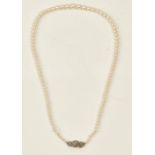 A single row necklace of graduated cultured pearls on a marcasite set clasp, length of necklace,