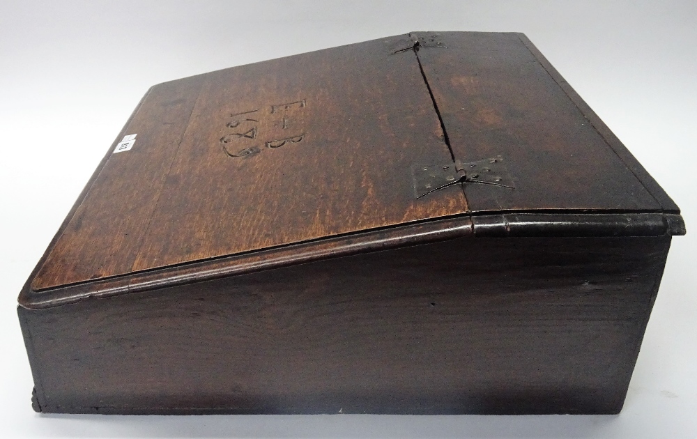 A 17th century oak slope front bible box, detailed E+B 1689, 58cm wide x 23cm high. - Image 10 of 11