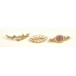A gold, amethyst and seed pearl set brooch,