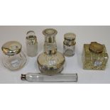 A group of silver mounted glassware, comprising; a late Victorian square inkstand, London 1899,