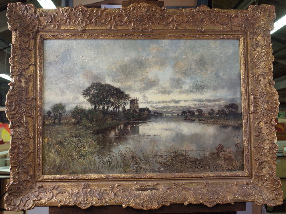 Follower of Karl Heffner, River landscape with church, oil on canvas, bears signature (lower right), - Image 2 of 2