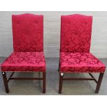 A pair of George II style hump back side chairs, on canted mahogany square supports,