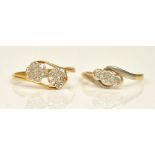 A gold and platinum diamond set ring, in a twin cluster design,