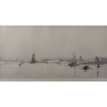 Rowland Langmaid (British, 1897-1956), A naval ship and other boats in Portsmouth Harbour,