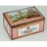 A 19th century enamel casket, the hinged dome cover painted with a pastoral scene,